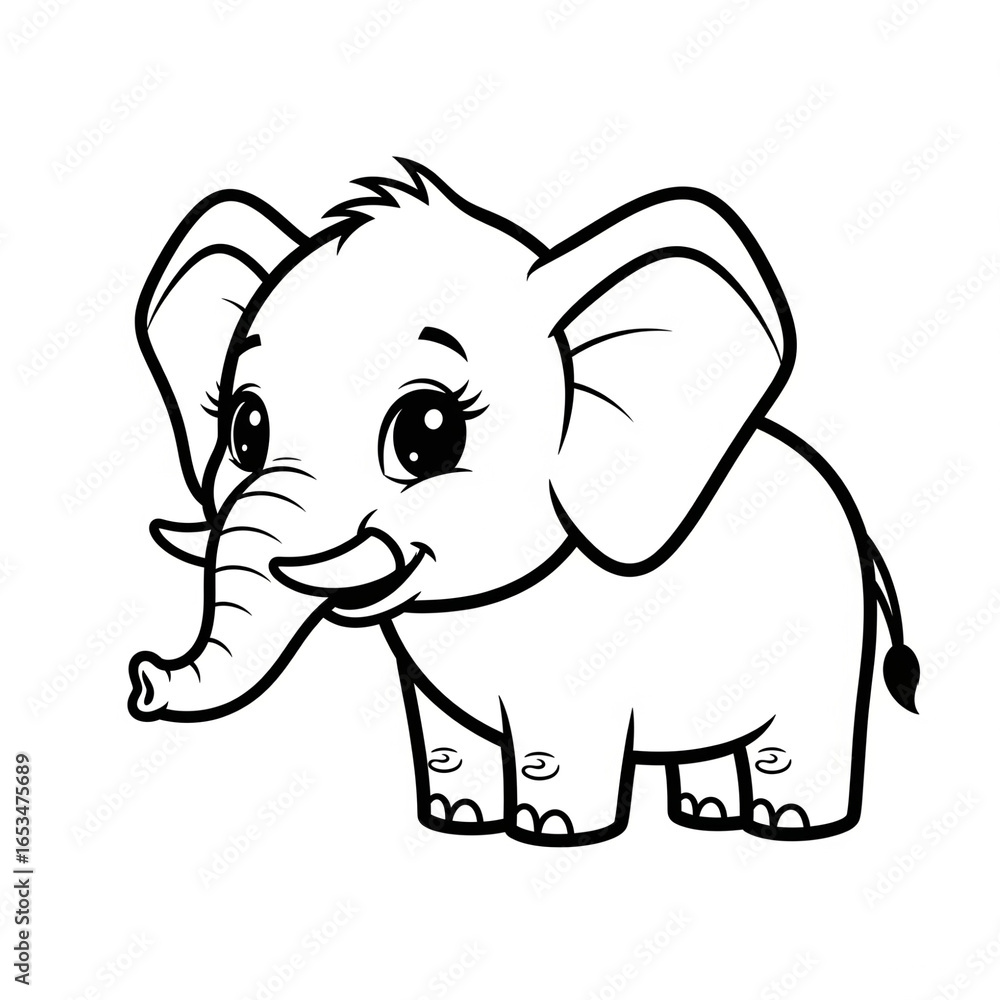 Naklejka premium Cute Outline Cartoon Elephant Standing with Happy Expression Animal Illustration