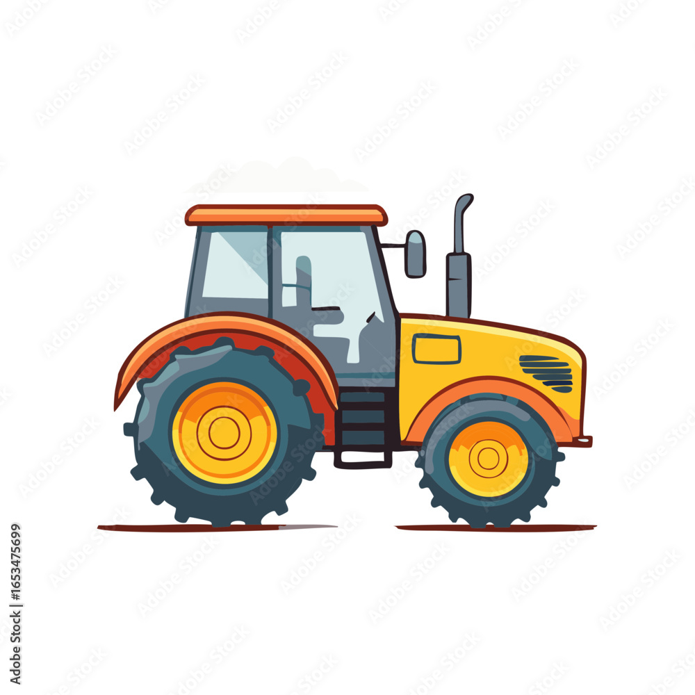 Obraz premium Cartoon tractor side view with orange and yellow body on white background