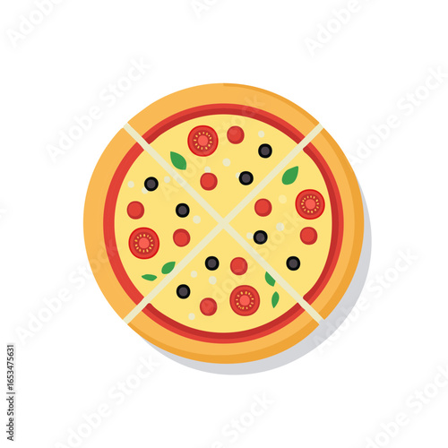 Sliced pizza with tomatoes, olives, and basil on a white background