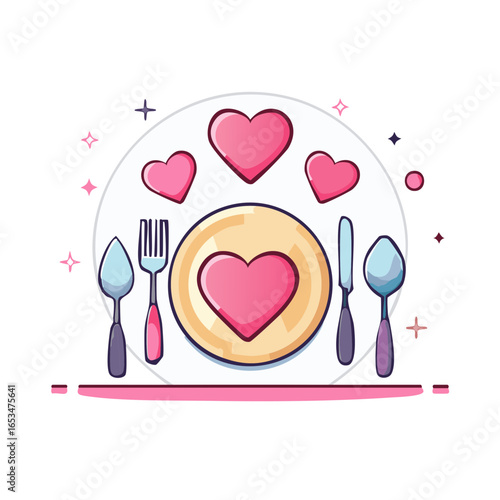 Romantic dinner setting with hearts and silverware illustration