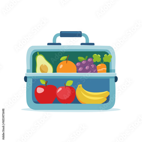 Cartoon-style lunchbox with fruits, vegetables, healthy eating, balanced nutrition, snack container for work or school