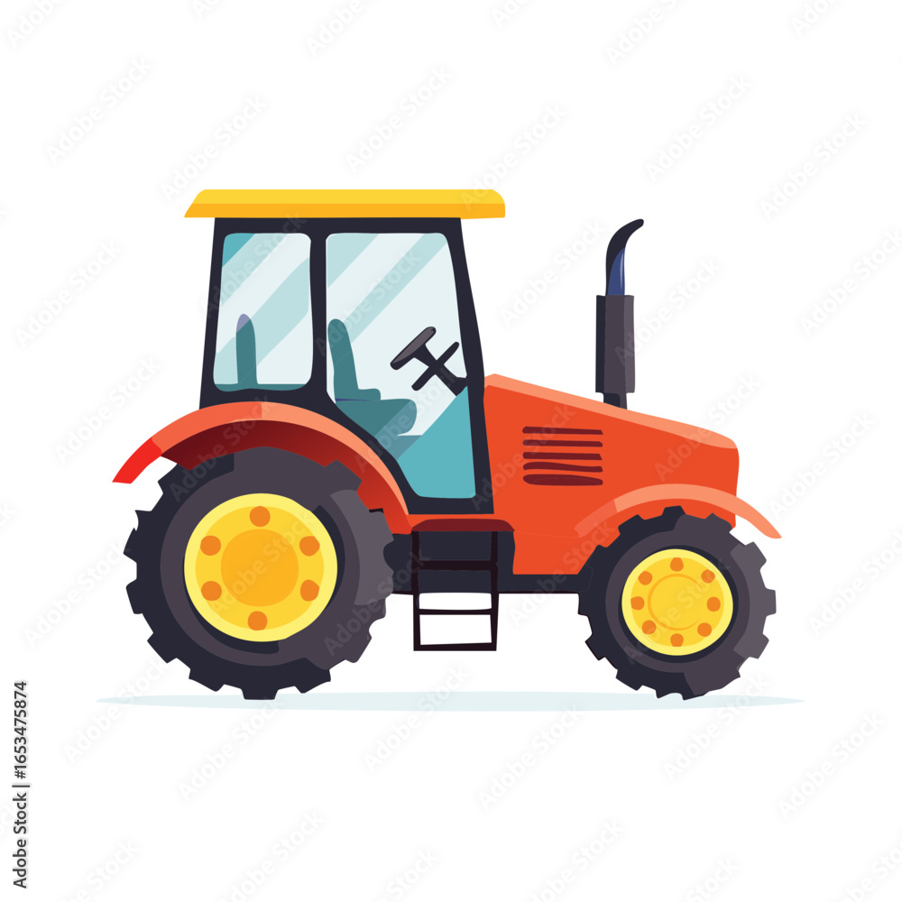 Obraz premium Cartoon illustration of a red tractor with yellow wheels and a yellow roof, farm vehicle.