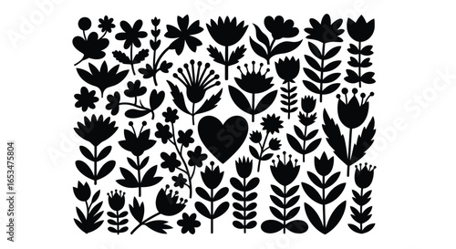 Floral Patterns, Decorative Shapes, Creative Design, Illustrative Art, Black Silhouette, Nature Inspired, Visual Composition