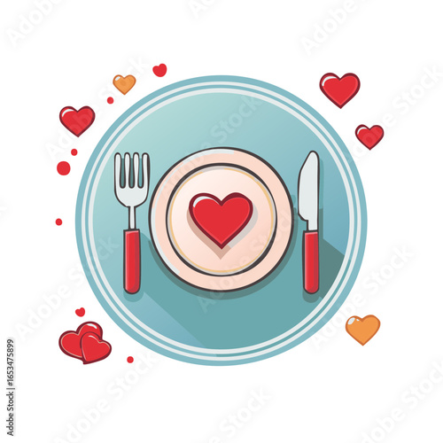 Romantic dinner concept illustration with a heart on a plate, fork, and knife for Valentine's Day or an anniversary