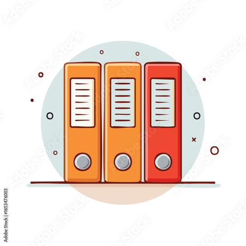 Cartoon illustration of three colorful ring binders standing on a surface with geometric decoration