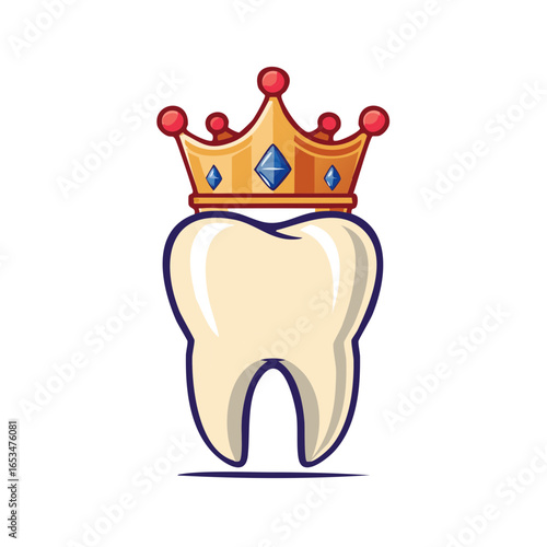 Cartoon molar tooth wearing a royal golden crown for a dental clinic logo or mascot vector illustration