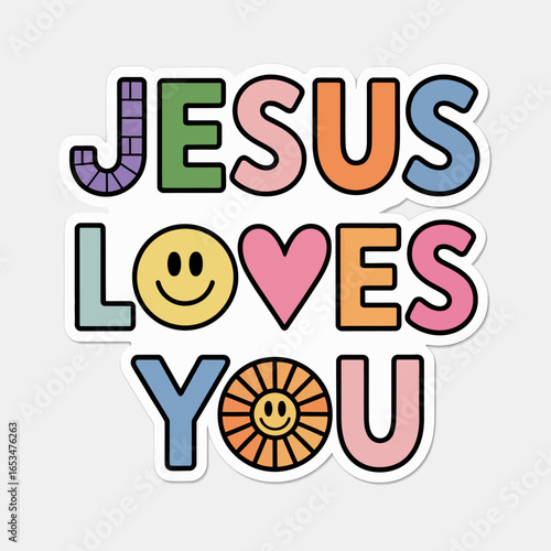 Jesus loves you text isolated on white background a colorful and cheerful design with a positive message of love and faith, perfect for spreading joy and inspiration
