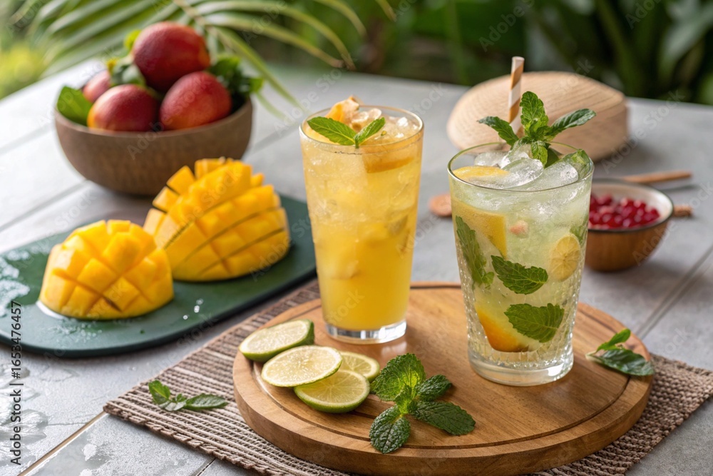 Fototapeta premium Cold homemade lemonade cocktail, mojito with mango slices, ice and fruits on sunny table