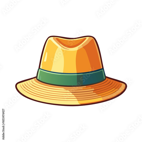 Classic yellow fedora style summer hat with green band vector icon illustration