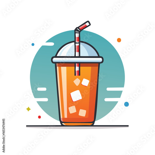 Refreshing beverage illustration with straw and ice, cartoon style, design concept