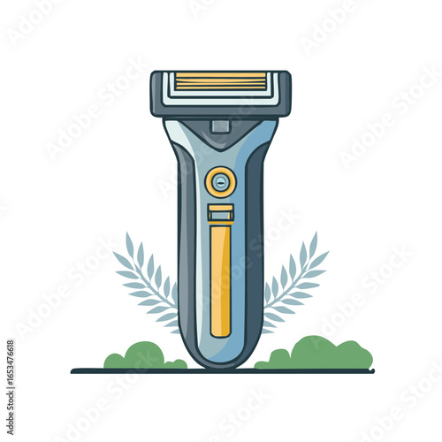 Stylish Razor with Blue Handle and Yellow Accents on Green and White Background