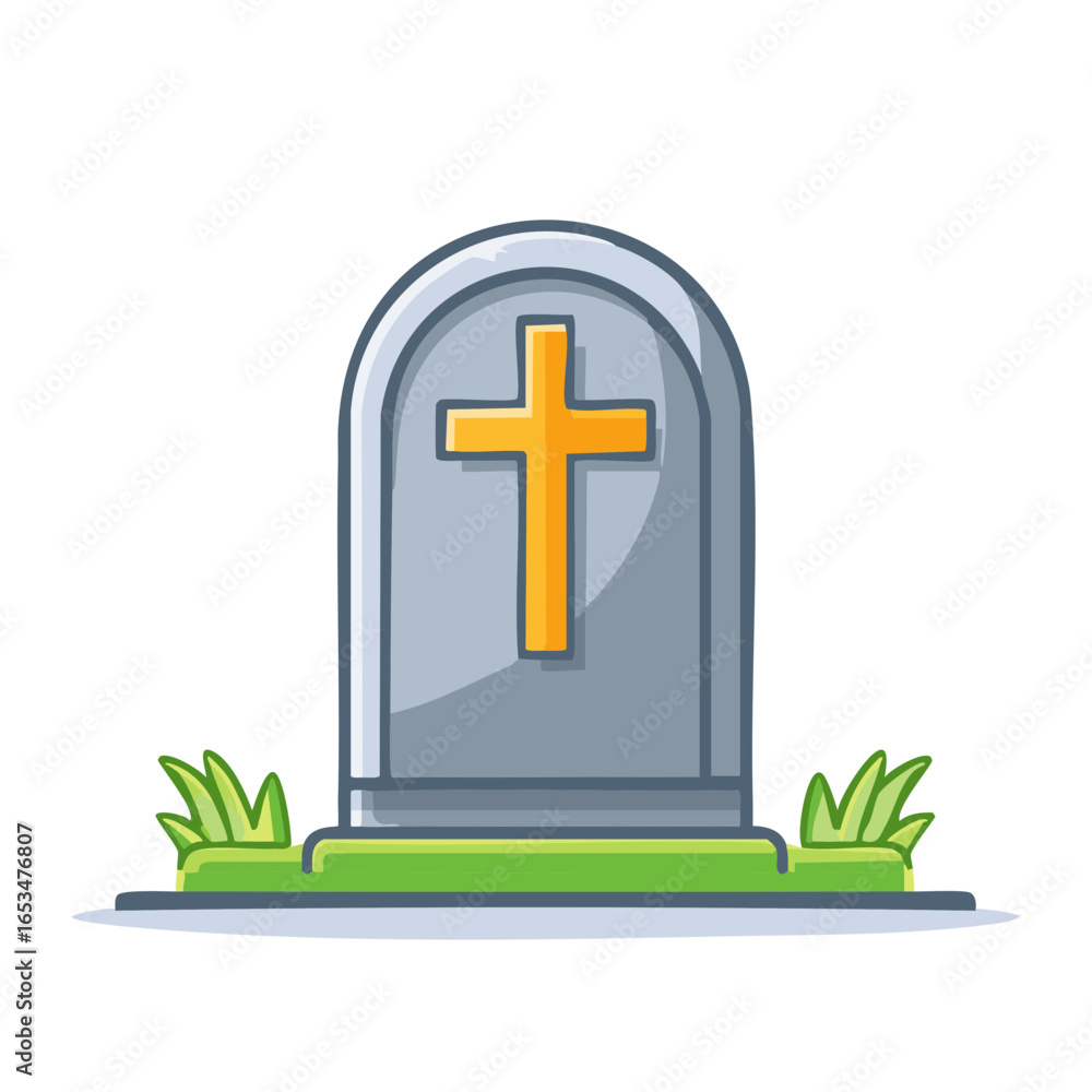 Obraz premium Cartoon style gray gravestone with prominent golden cross standing on vibrant green grass illustration