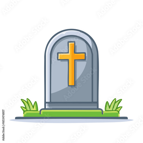 Cartoon style gray gravestone with prominent golden cross standing on vibrant green grass illustration