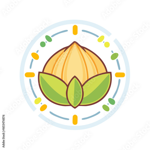 Stylized illustration of a stylized hazelnut with leaves and decorative circle