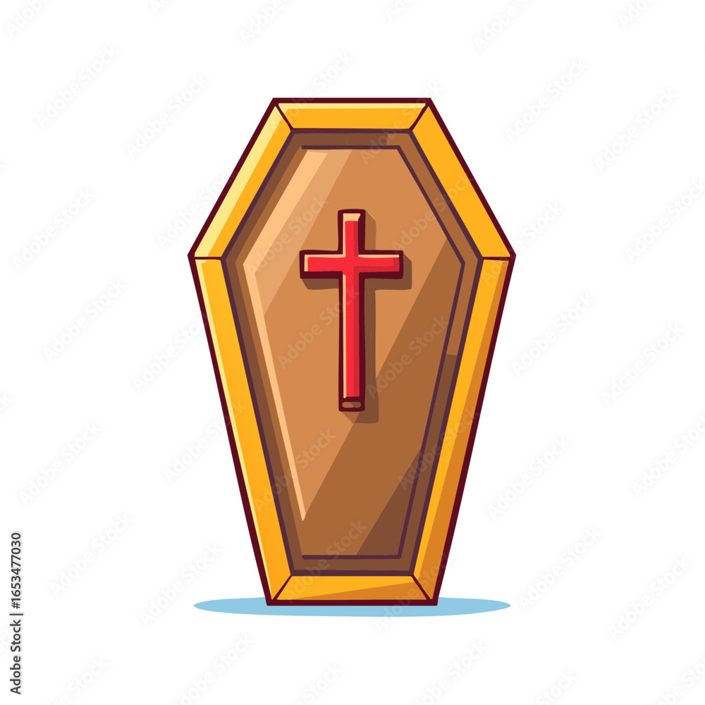 Obraz premium Stylized Brown Casket with Red Cross Symbol for Funeral or Christian Theme