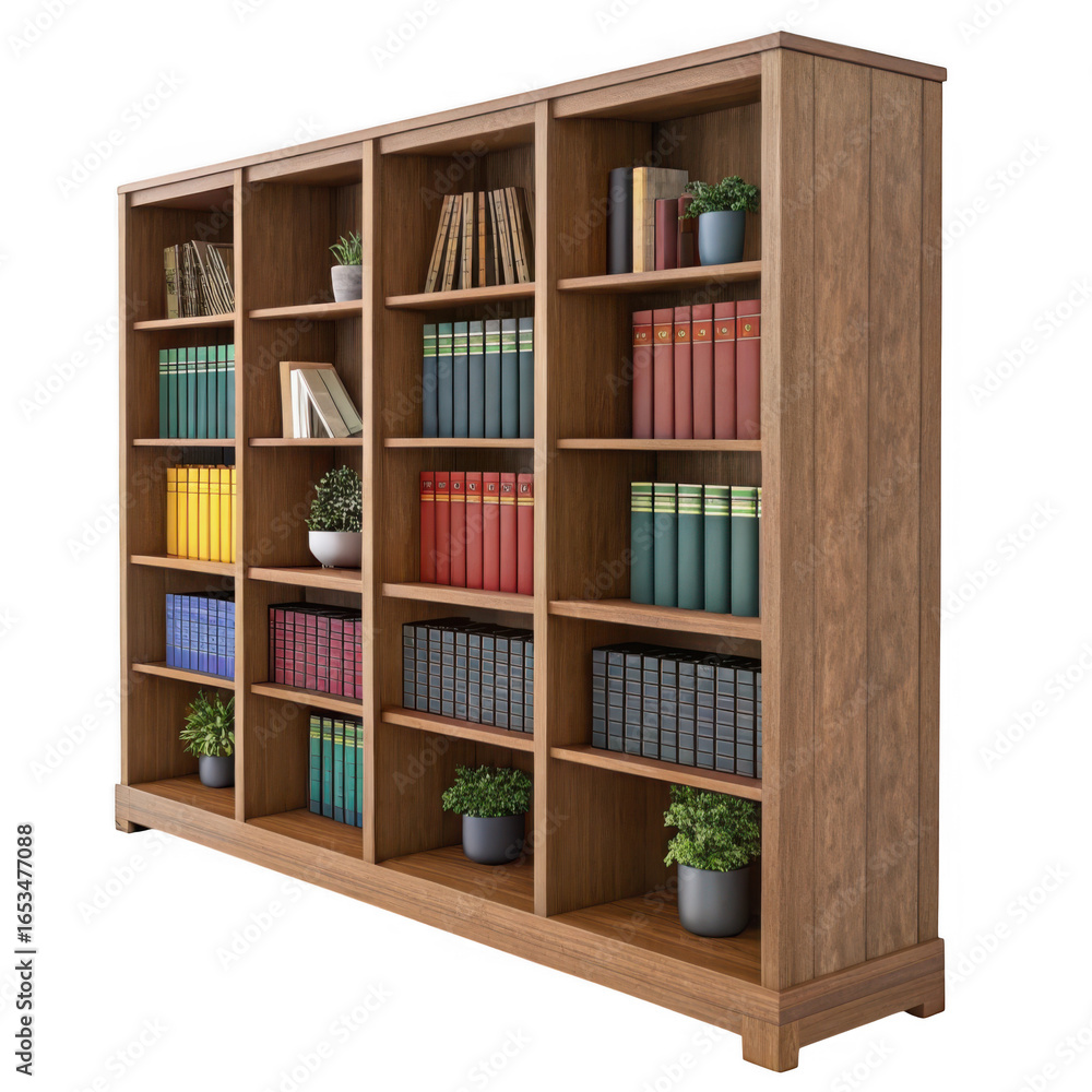 A tall wide wooden bookshelf filled with colorful books and small potted plants isolated on transparent background A tall wide wooden bookshelf filled with colorful books and small potted plants isolated on transparent background