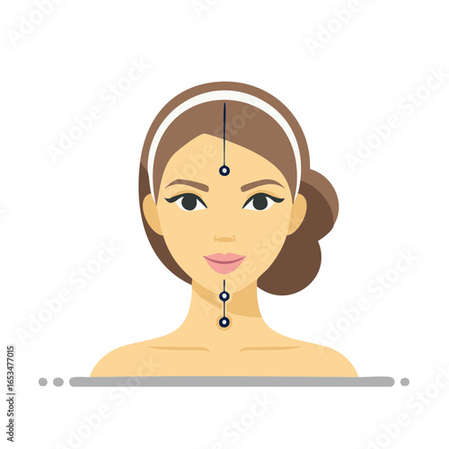 Illustration of a woman's face with chakra points aligned for meditation, spiritual healing, and wellness.