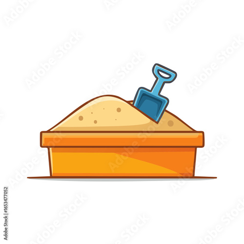Sandbox with Blue Shovel on White Background Cartoon Style