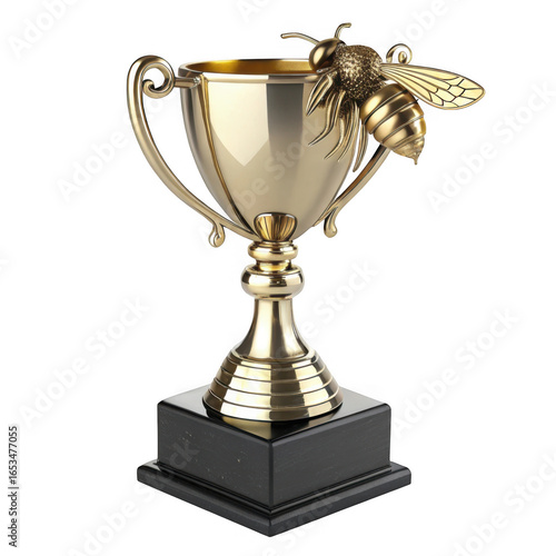 Gold trophy cup with a metallic bee, championship award for excellence, winning insect sculpture, decorative prize for achievement and success isolated on Transparent Background