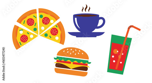 Food Festival, Pizza and Burger Delights, Urban Park, Digital Illustration, Colorful Environment, Eye-Level View, Culinary Adventure