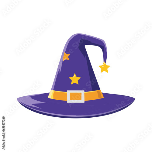 Purple witch hat with stars, buckle, and brim for Halloween costumes and decorations