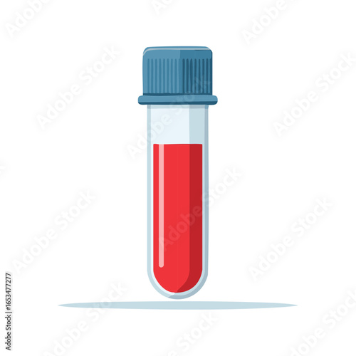 Medical Blood Sample Test Tube with Red Liquid and Blue Cap
