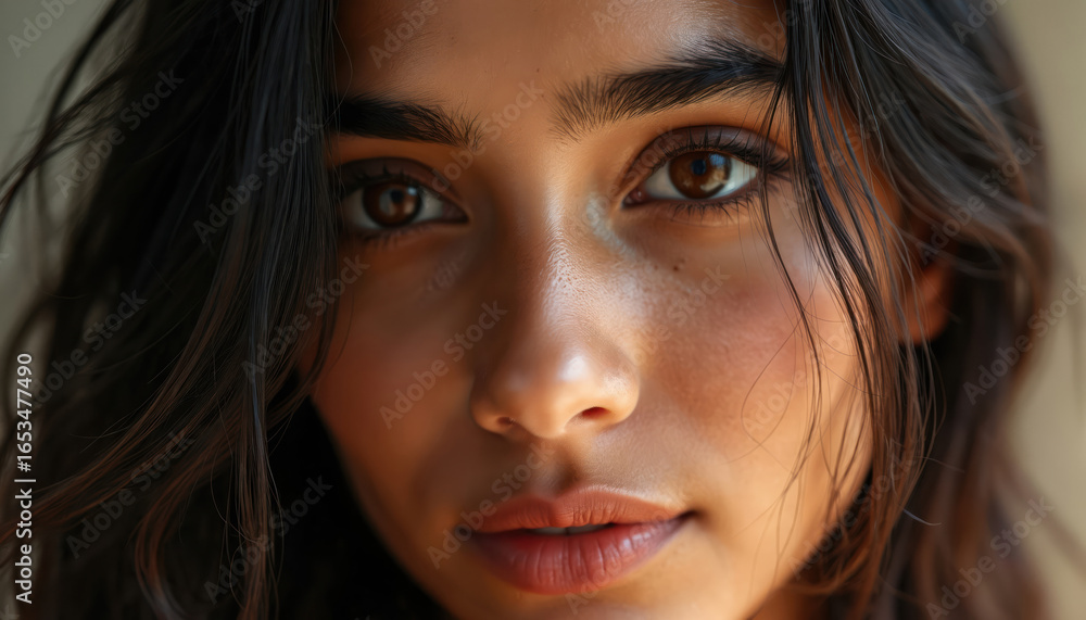 Close-up portrait of young Indian woman with long flowing dark hair, soft makeup, and expressive brown eyes. Her skin looks smooth with natural glow. Image focuses on her facial features and beauty. Close-up portrait of young Indian woman with long flowing dark hair, soft makeup, and expressive brown eyes. Her skin looks smooth with natural glow. Image focuses on her facial features and beauty.