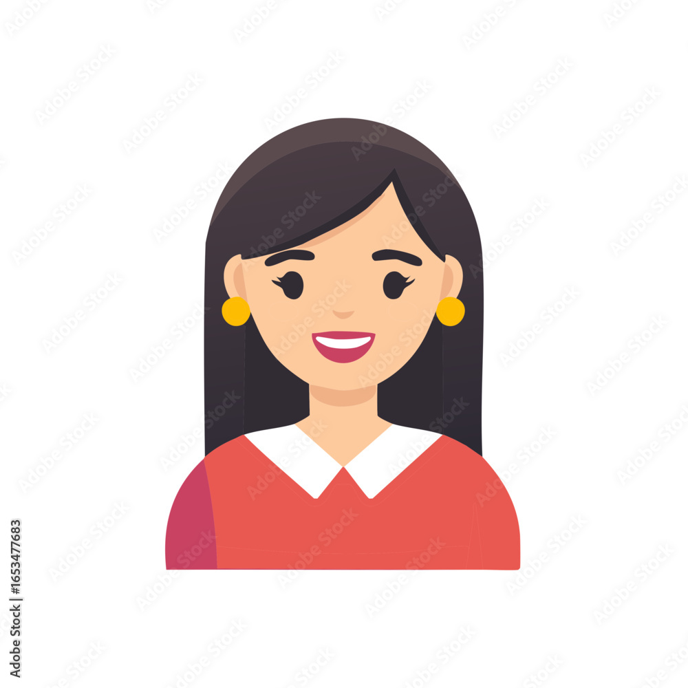 Smiling woman with black hair, red shirt, and golden earrings in illustration style Smiling woman with black hair, red shirt, and golden earrings in illustration style