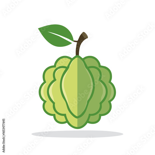Green custard apple tropical fruit flat vector illustration with a leaf and stem