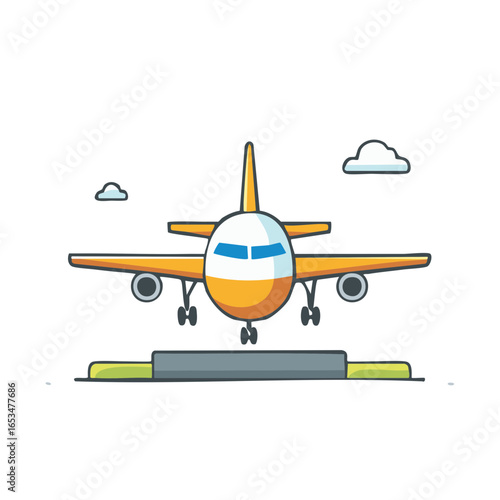 Commercial Airplane Landing Approach, Front View with Landing Strip and Clouds, Graphic Illustration