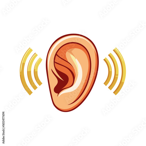 Human Ear Illustration with Golden Sound Waves Depicting Hearing and Listening Ability