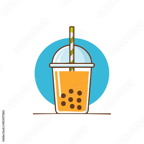 Boba milk tea drink cartoon illustration, tapioca balls in transparent cup, green straw, trendy delicious dessert