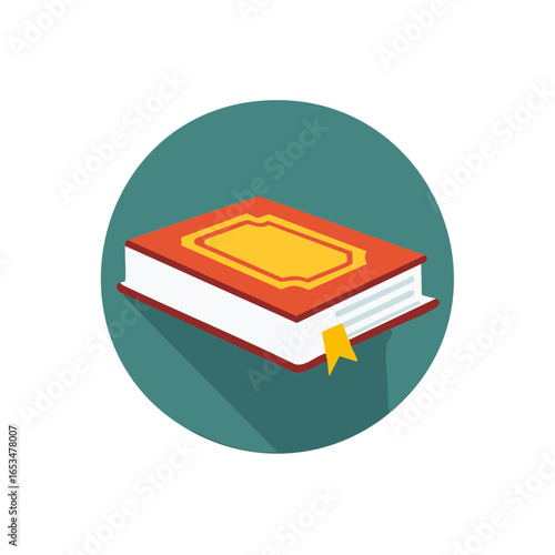 Closed red book with yellow cover design and bookmark flat icon illustration