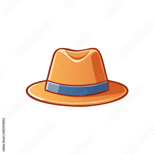 Classic Orange Fedora Hat with Blue Band Stylized Illustration