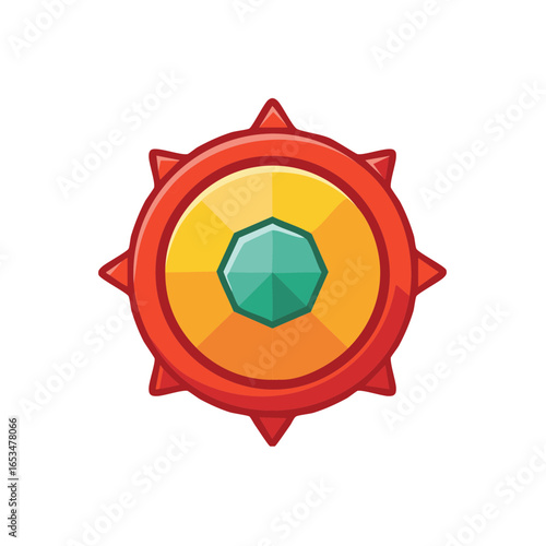 Stylized shield with spikes, orange, yellow, green colors, illustration, vector image, isolated