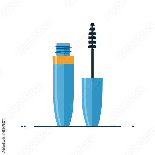 Illustration of a blue mascara tube and wand with a golden accent for makeup and beauty applications