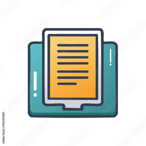 Stylized Paper Document in Inbox Tray With Text Lines on Yellow, Teal Colors for Business or Education Tasks