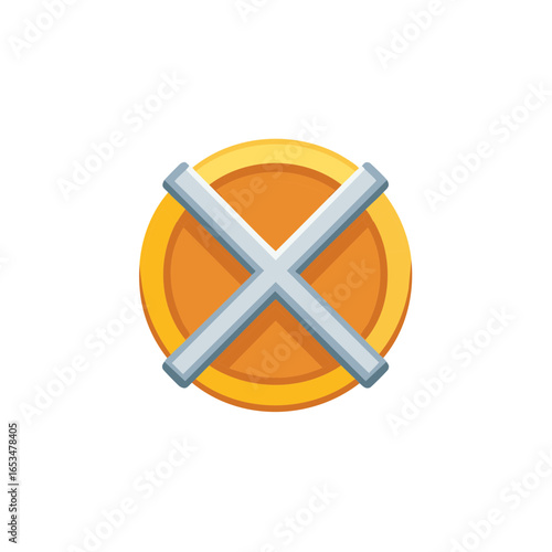 Orange circular design with grey cross illustration, abstract geometric patterns, simple graphical icon