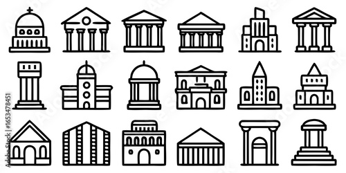 Variety of architectural building icons representing different styles of government and public structures