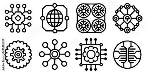 Abstract geometric icons representing technology networks and data connections vector illustration