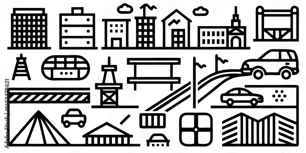 Fototapeta premium Diverse Collection of Outline Icons Depicting Cityscape Elements and Transportation building