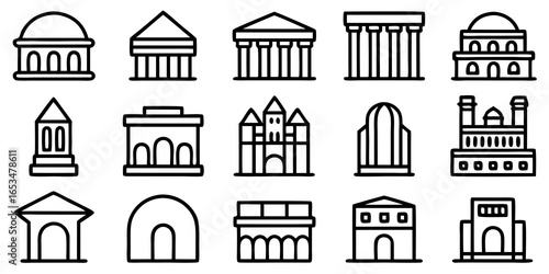 Collection of Outline Icons Representing Various Architectural Styles and Buildings architecture