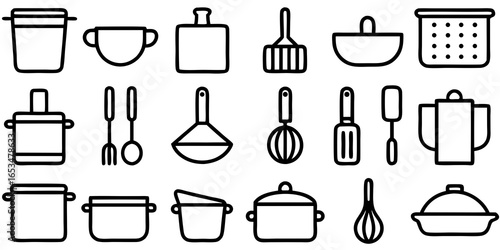 Assortment of Hand Drawn Kitchen Utensil and Cookware Icons in Black Outline utensils