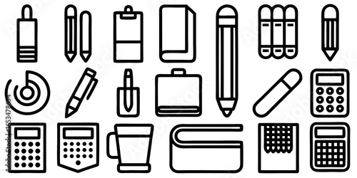 Assortment of Hand Drawn Stationery and Office Supply Icons in Black Outline supplies pens