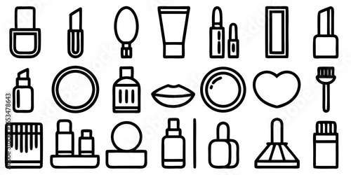 Collection of makeup and cosmetic product icons in black outline on white background cosmetics beauty