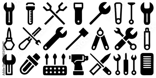 Assortment of hand tool and hardware icons in black silhouette on white background tools wrench