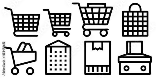 Set of shopping cart and bag icons in black outline on white background trolley supermarket