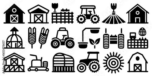Collection of farm and agriculture icons in black silhouette on white background tractor barn