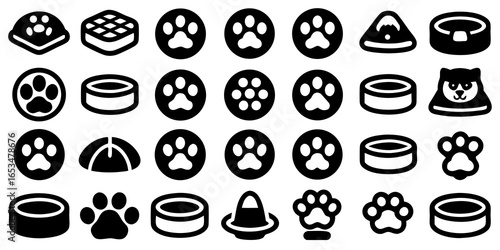 Black and White Icons Related to Pets and Pet Care paw print animal
