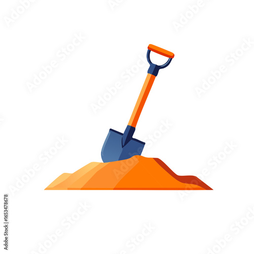 Blue and orange shovel stuck in a pile of sand illustration